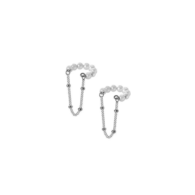 Cercei ear cuff argint 925, JW1076, model perlute cu lant, placati cu rodiu