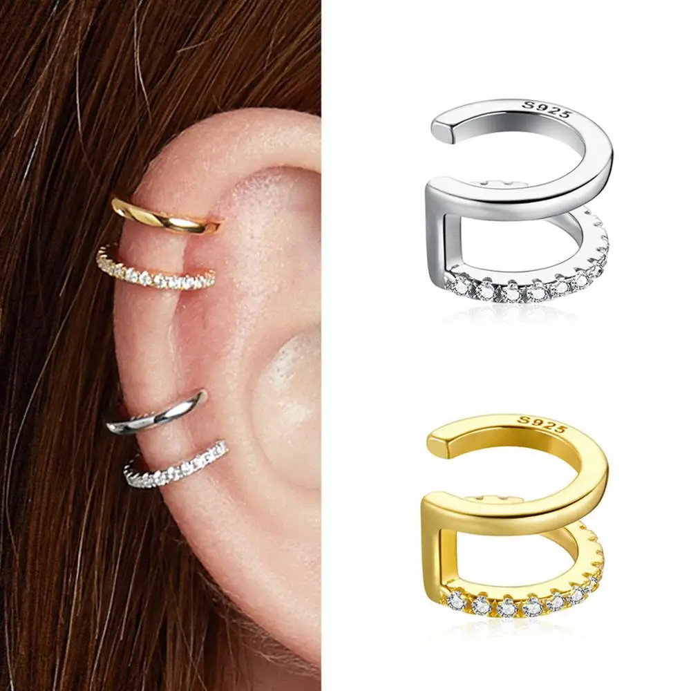 Cercel ear cuff argint 925, JW972, model dublu, placat cu rodiu - 1 | YEO