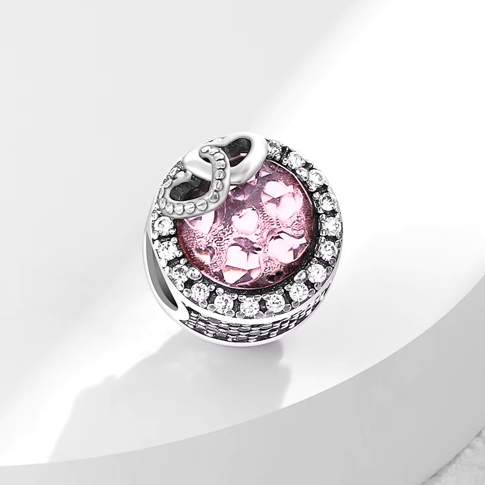 Charm/talisman argint 925, JW1185, model cu piatra roz si inimioare, placat cu rodiu - 2 | YEO