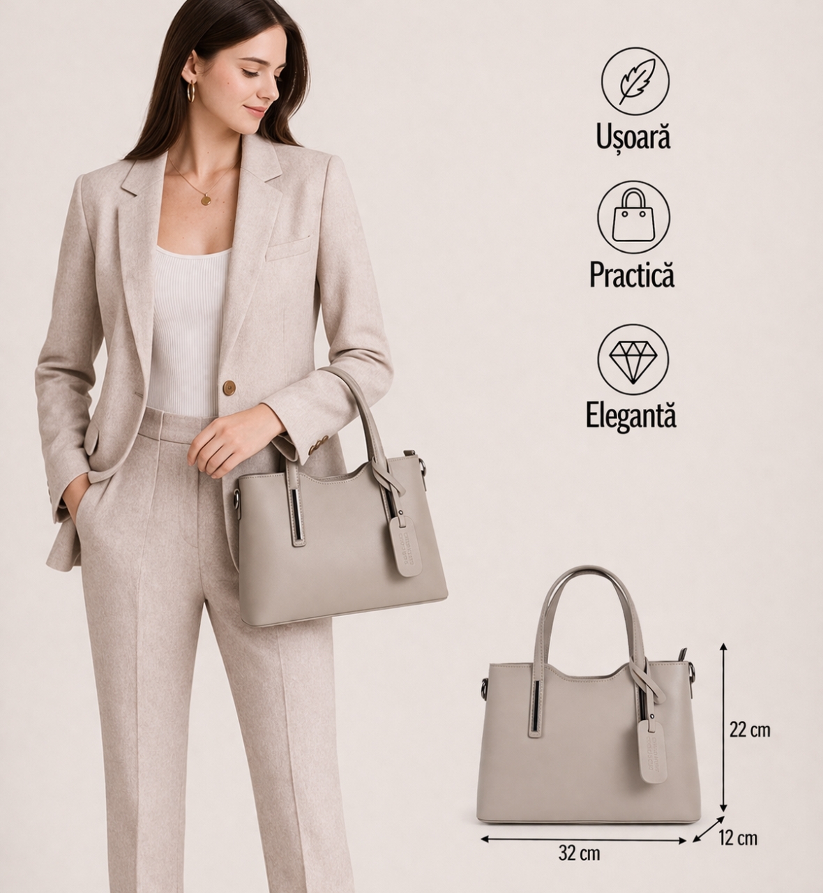 Geanta dama Maila GT1555, piele naturala, Taupe - imagine 2