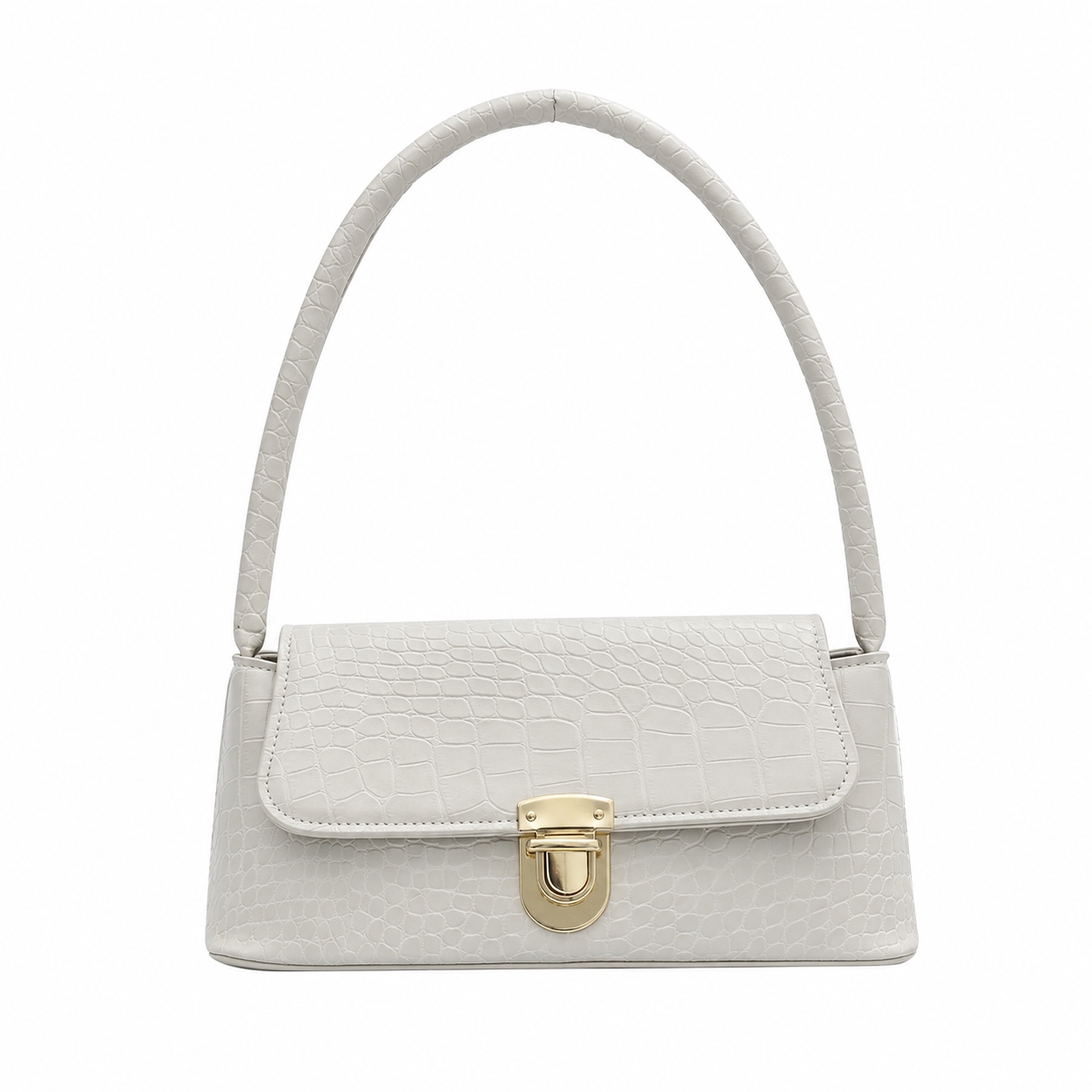 Geanta dama tip baguette,Isoria GT3982,textura crocodil, Alb perlat