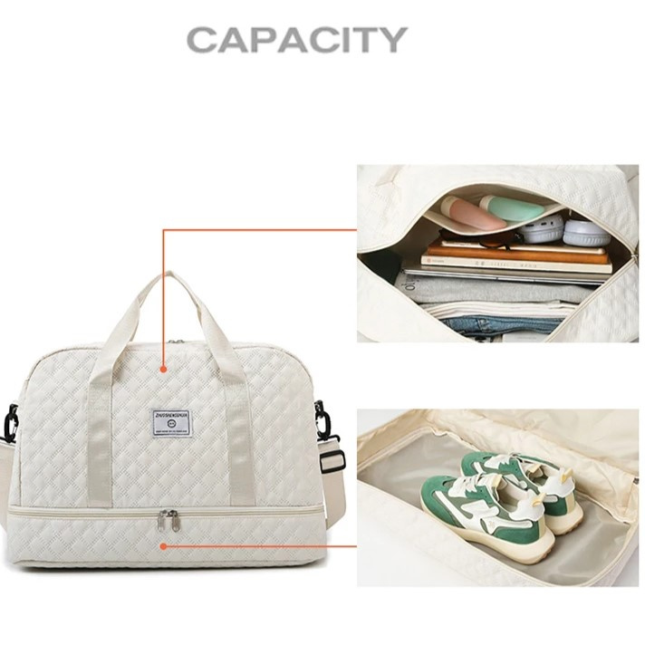 Geantă de călătorie damă matlasată, compartiment încălțăminte, bandulieră, roz — imaginea 3