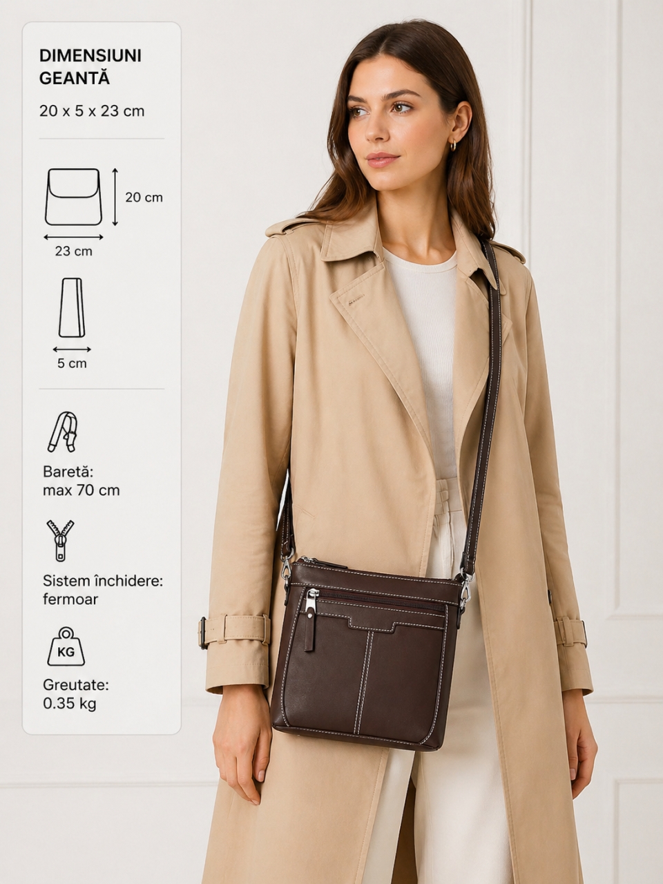 Geanta de dama, Claudie GT3881, piele naturala, Maro inchis - imagine 2