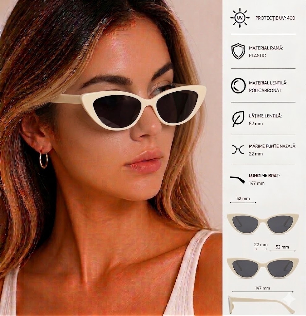 Ochelari de soare damă cat-eye, lentile negre, protecție UV400, alb