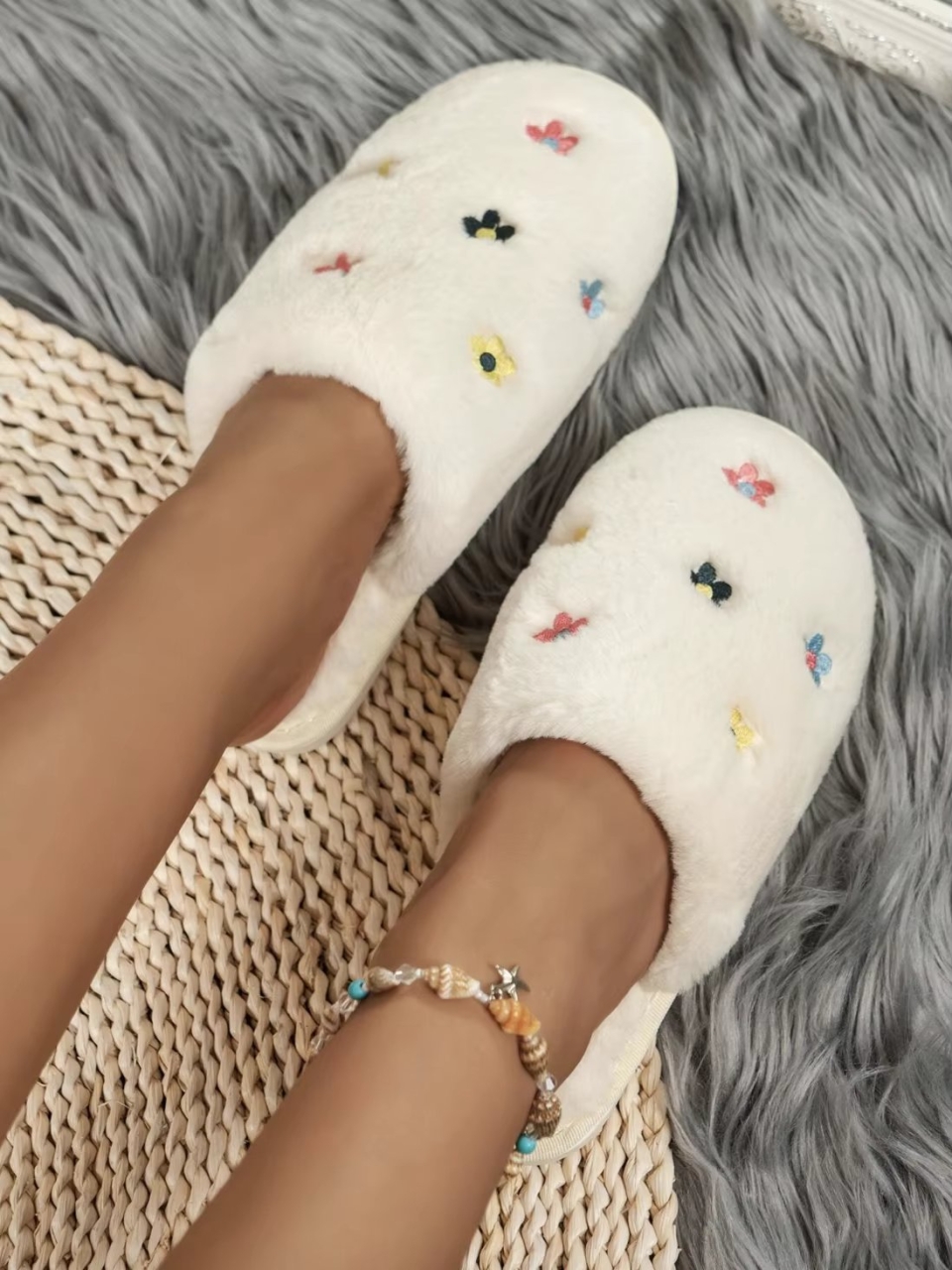 Papuci de casa pentru femei PC012, Flower, Alb