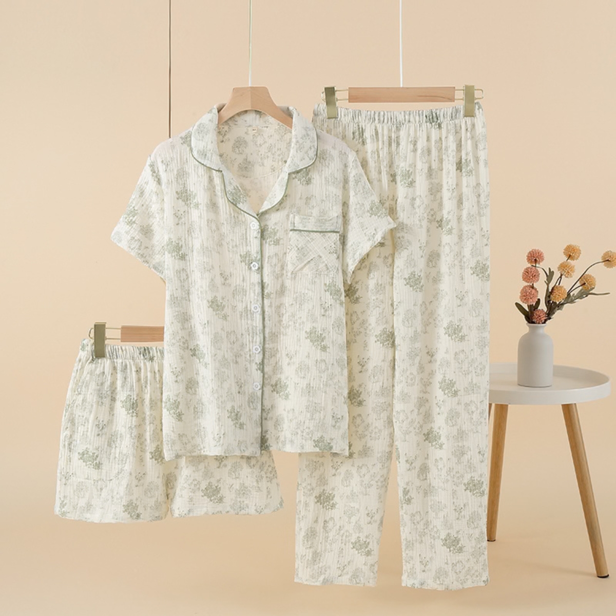 Pijama dama "Luna Soft" din trei piese, PJ020, Bej
