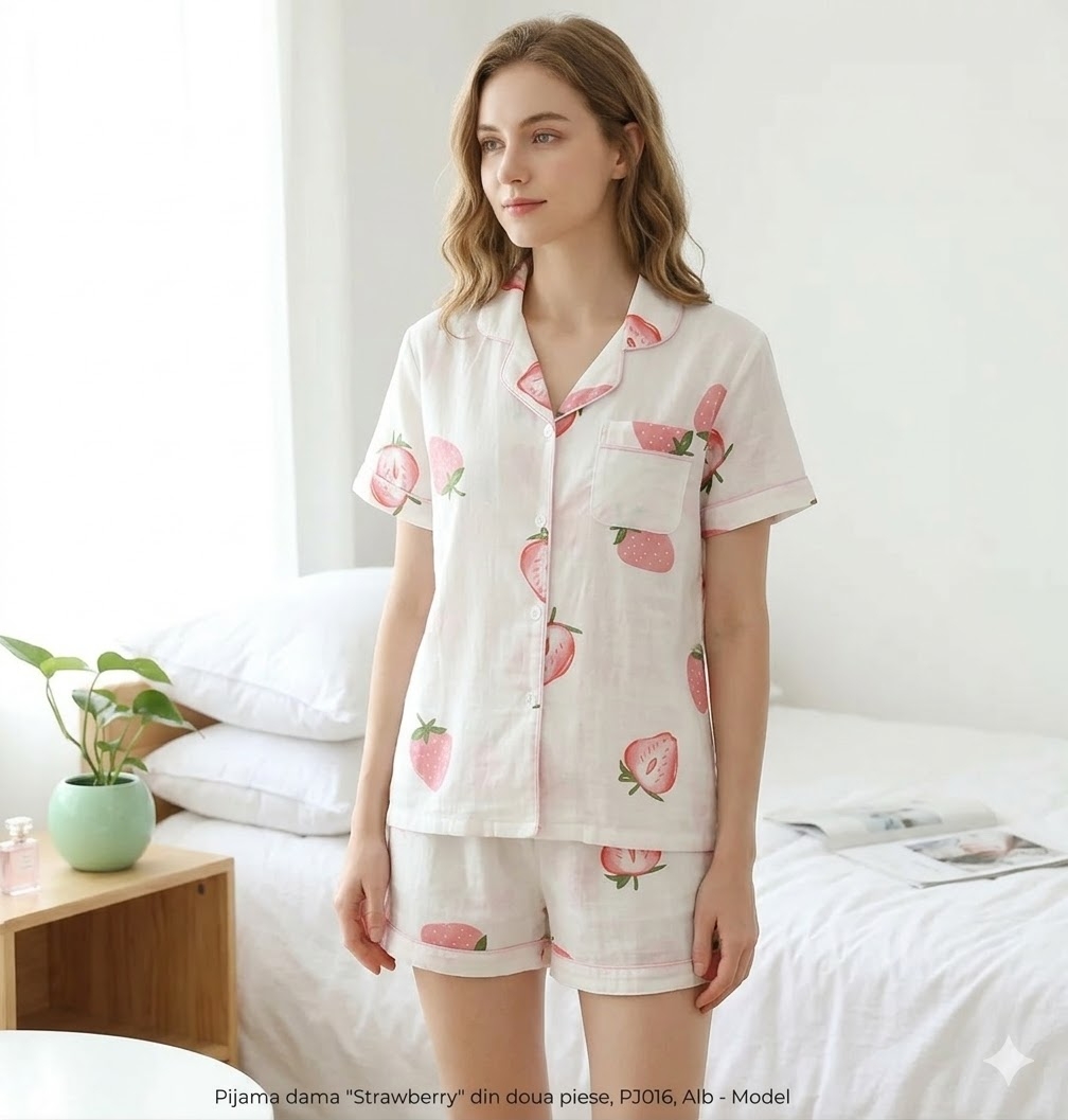 Pijama dama "Strawberry" din doua piese, PJ016, Alb