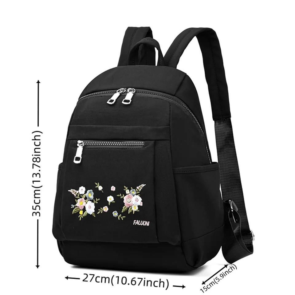 Rucsac damă textil, broderie florală, buzunare laterale, roșu — imaginea 3