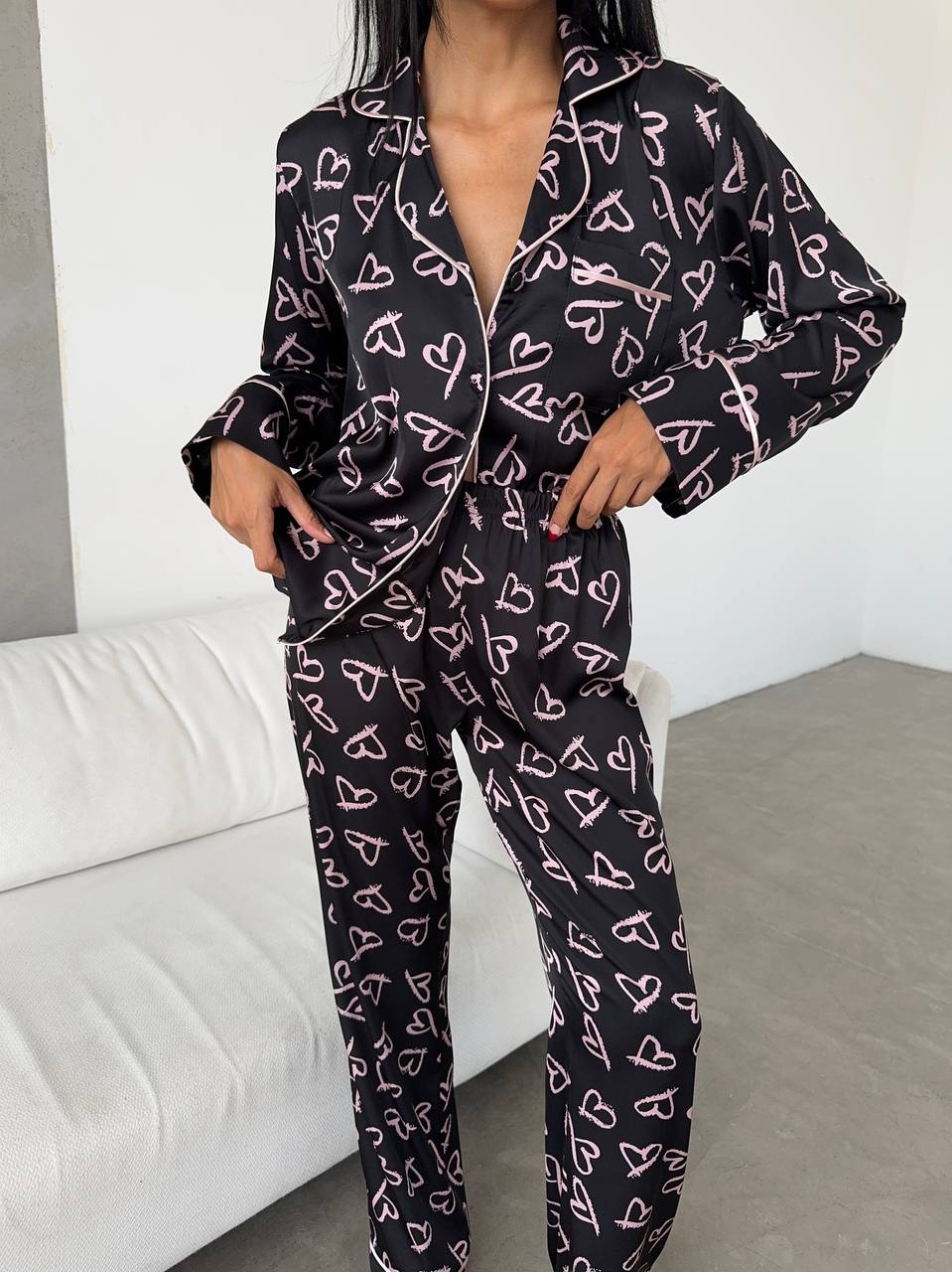 Set pijama dama din doua piese, cu nasturi – 2401677, Negru - imagine 7