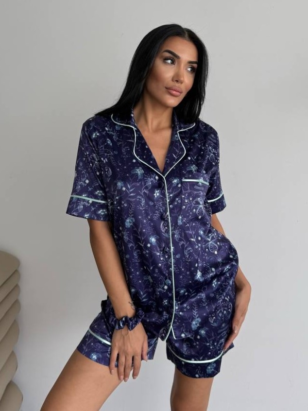 Set pijama dama din doua piese, cu nasturi – 2500100, Bleumarin Floral