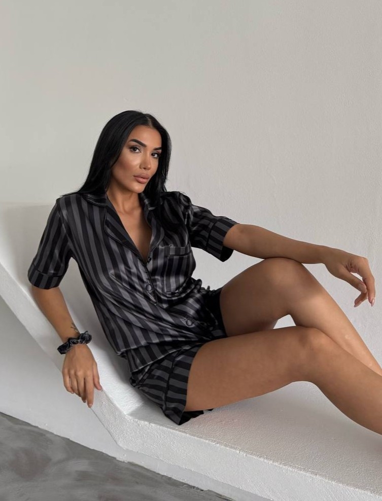 Set pijama dama din doua piese, cu nasturi – 2500156, Negru/Gri - imagine 4