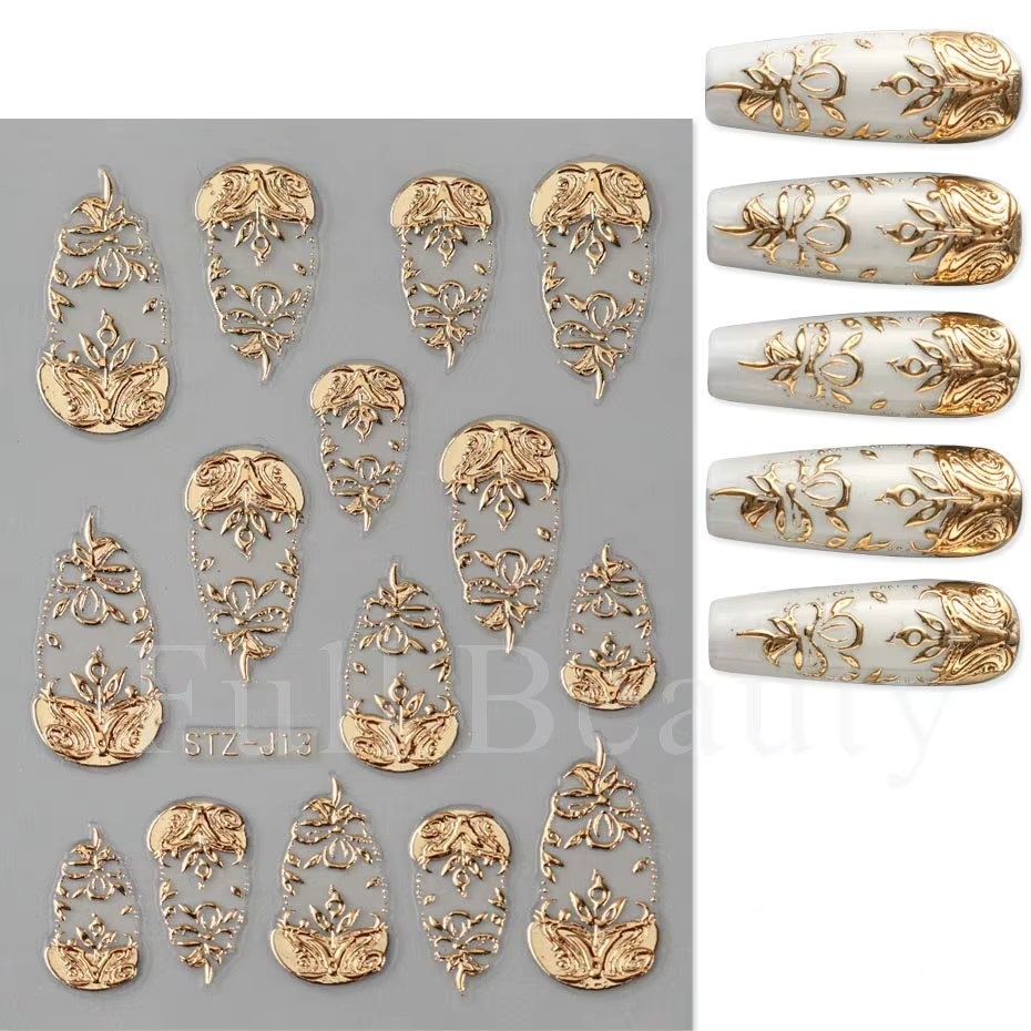 Abțibilduri unghii 3D autoadezive, model floral marquise, auriu
