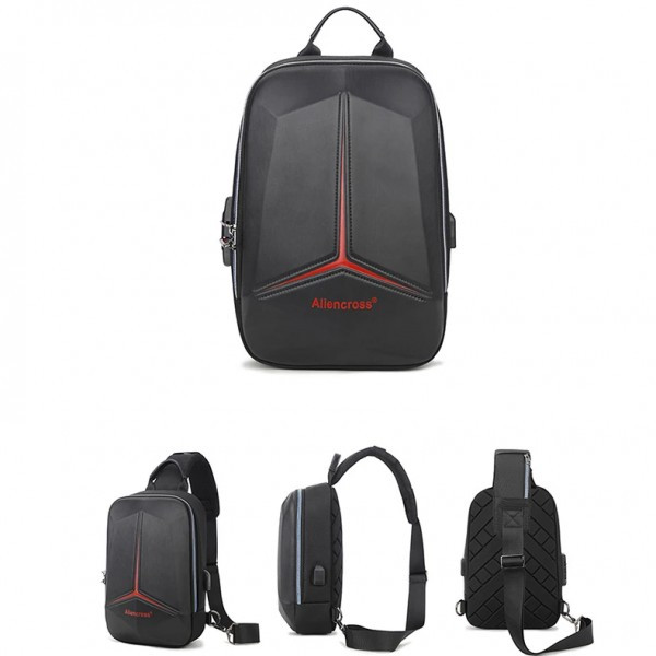 Borsetă crossbody bărbați Aliencross, carcasă rigidă antifurt, port USB și cifru, negru cu roșu — imaginea 2