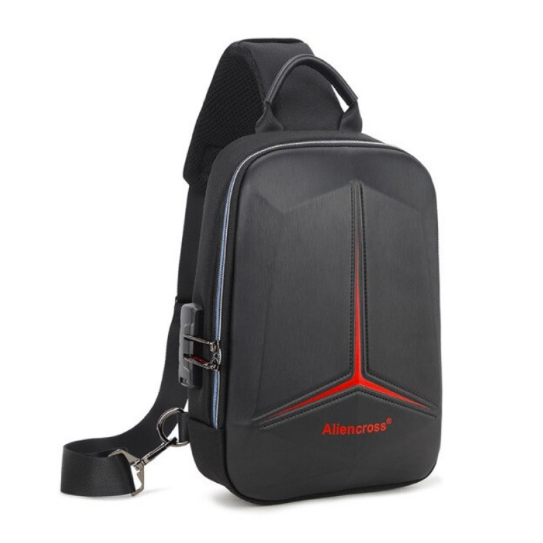 Borsetă crossbody bărbați Aliencross, carcasă rigidă antifurt, port USB și cifru, negru cu roșu