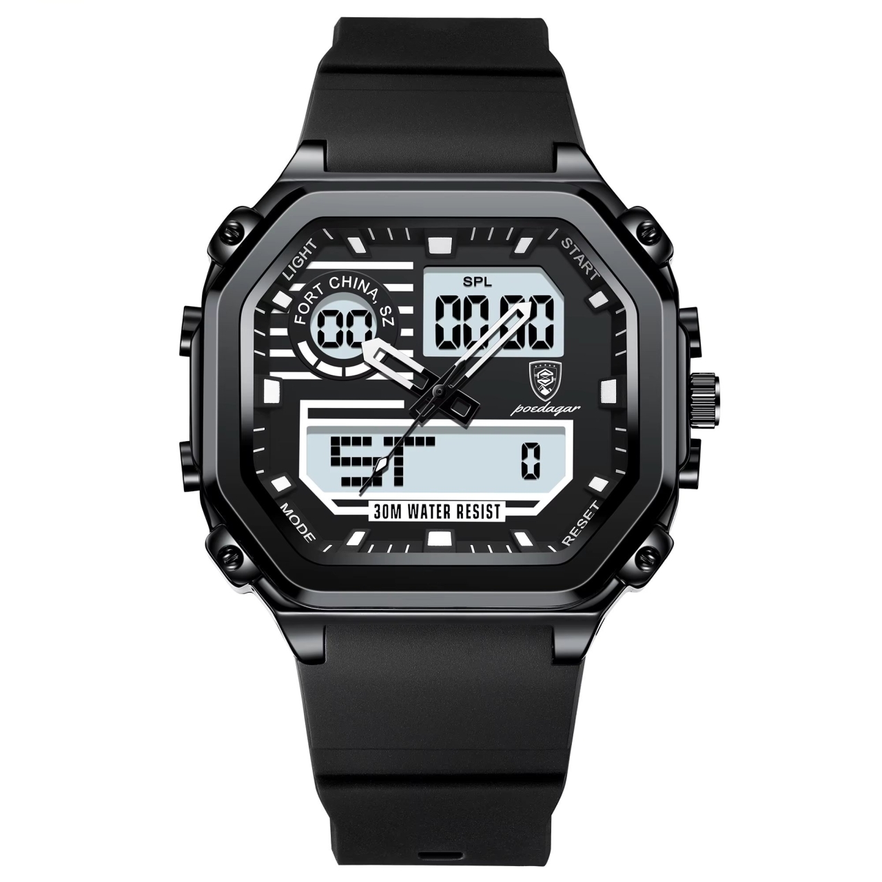 Ceas barbatesc digital Poedagar CS1762, silicon, negru, cadran negru