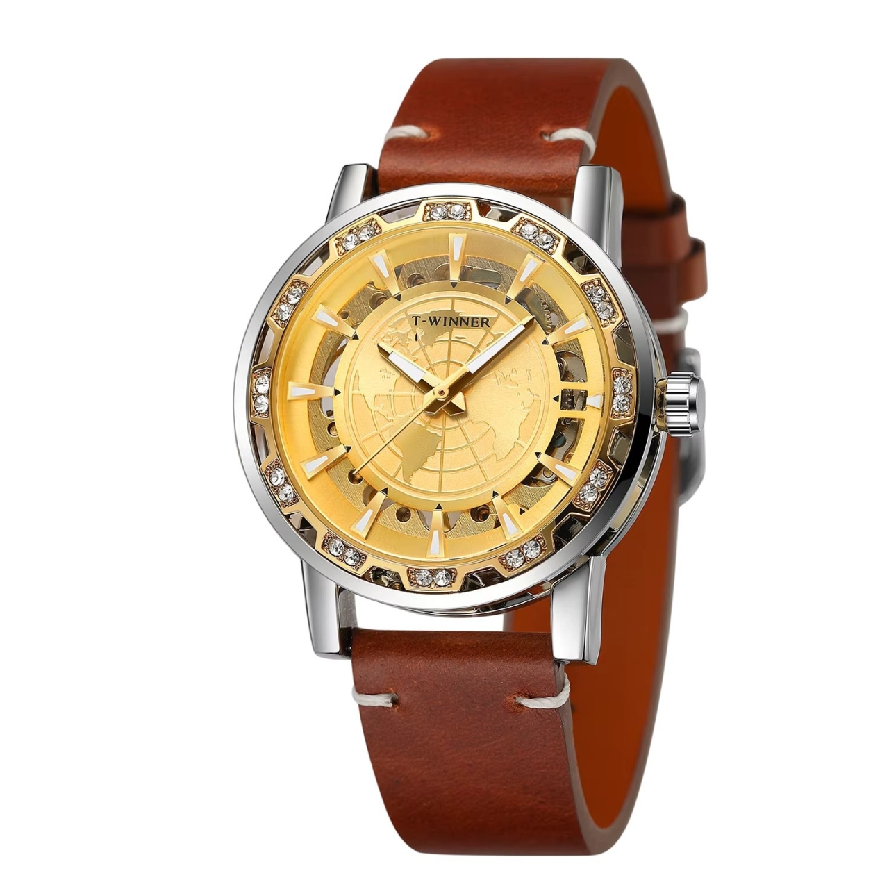 Ceas barbatesc Winner CS1748, automatic, piele naturala, maro, cadran auriu