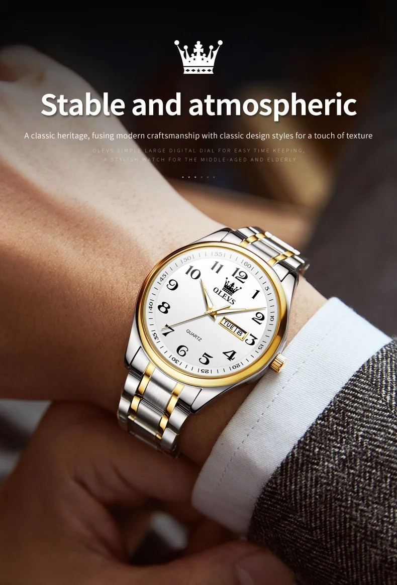 Ceas brbatesc Olevs CS1535, otel inoxidabil, argintiu-auriu, cadran alb - imagine 2