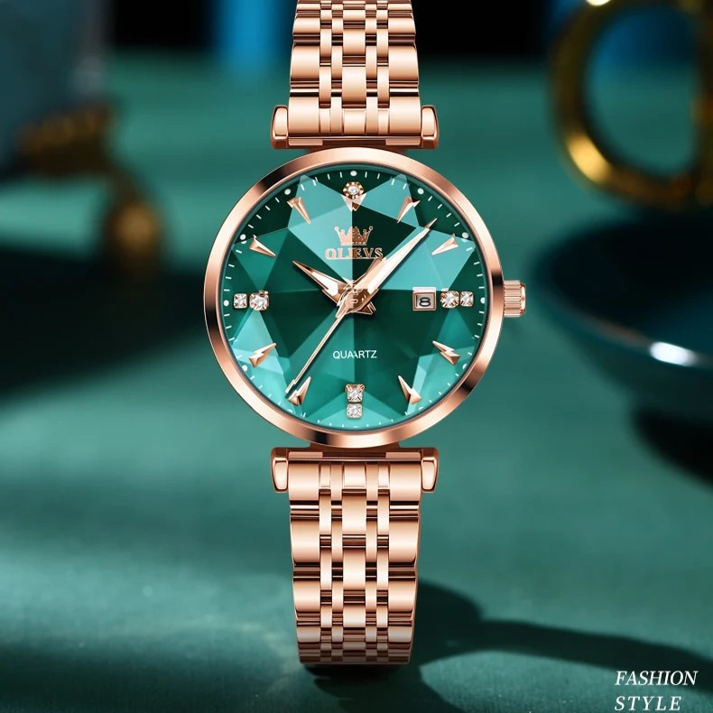 Ceas de dama Olevs CS1647, otel inoxidabil, rose gold, cadran verde