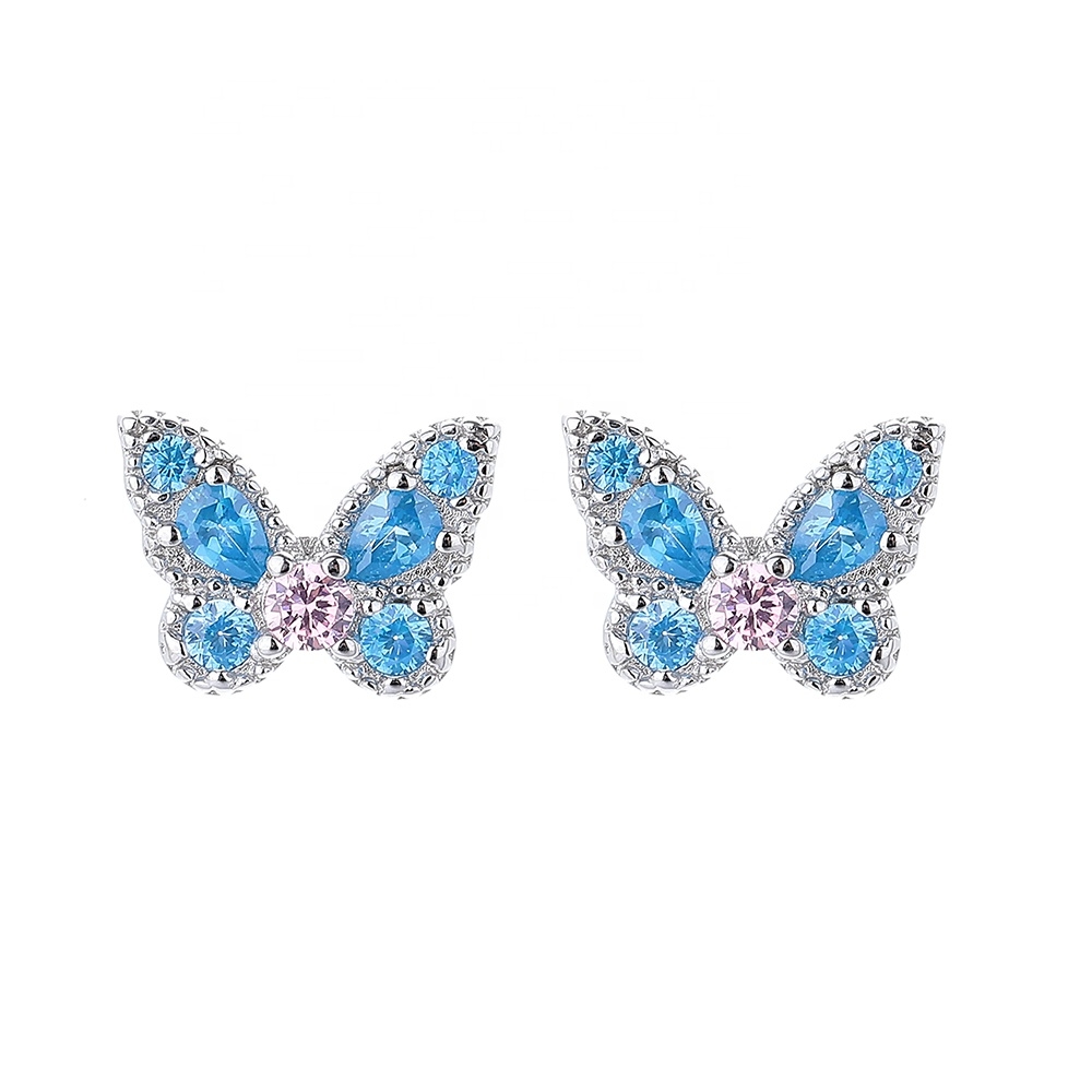 Cercei argint 925, JW1581, model fluture albastru, placati cu rodiu