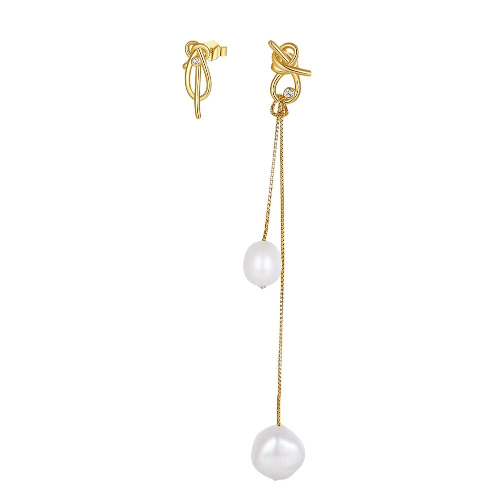 Cercei argint 925, JW1719, model asimetric cu perle, placati cu aur