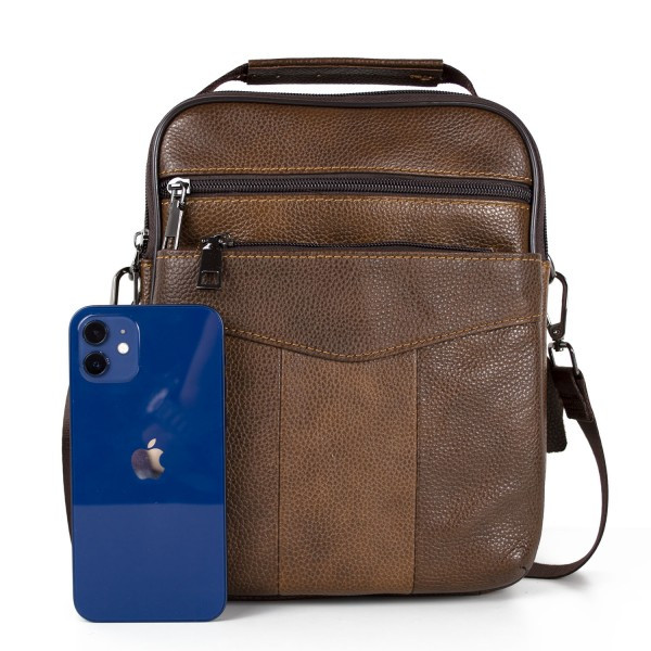 Geantă bărbați piele naturală, crossbody cu buzunare cu fermoar, maro — imaginea 3