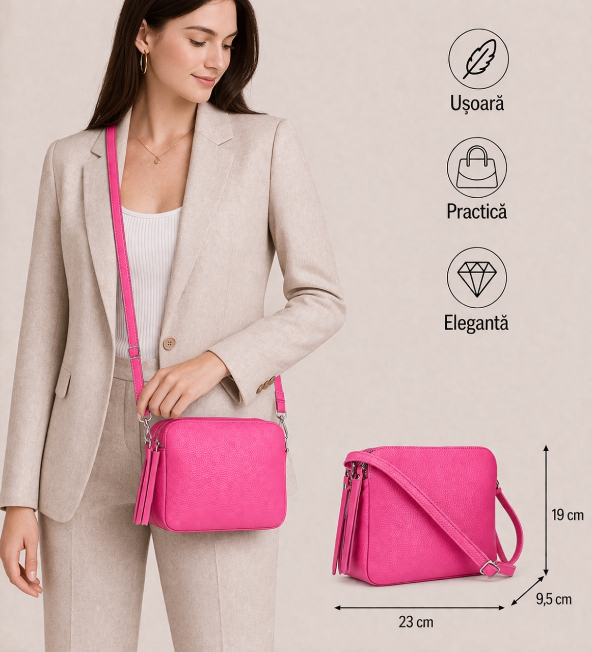 Geanta dama GT2384 Fosca, piele naturala, Fuxia - imagine 2