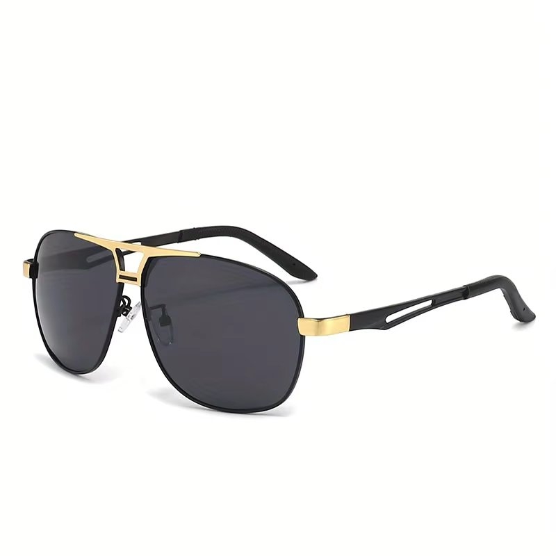 Ochelari de soare bărbați aviator, ramă metalică, negru cu auriu