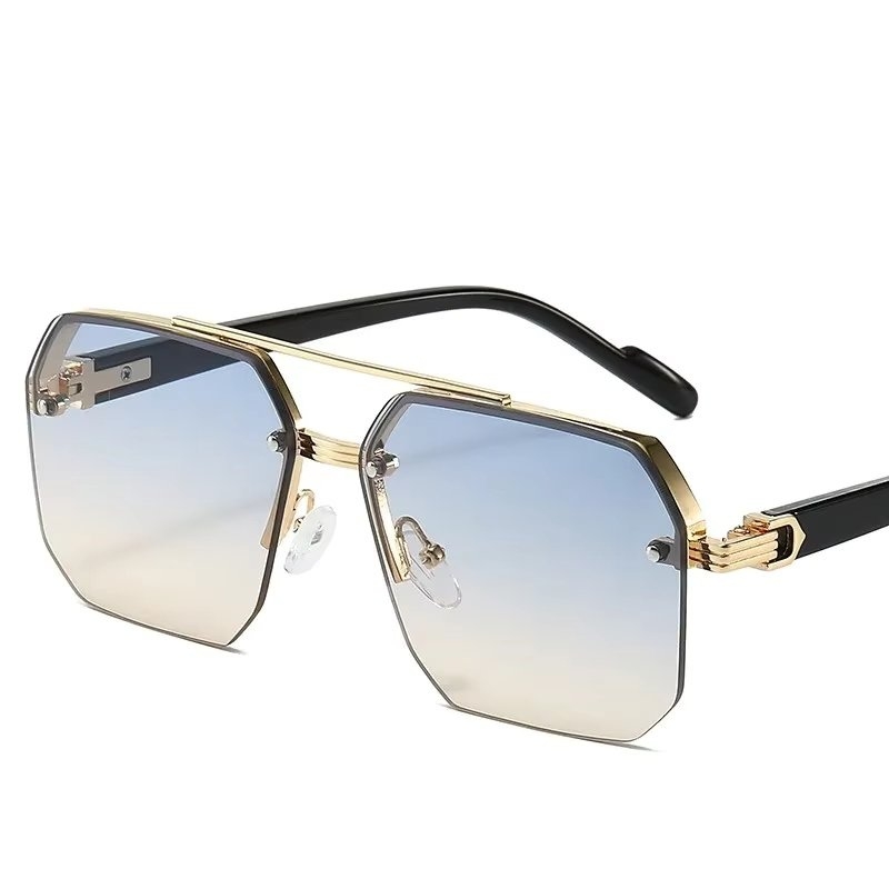 Ochelari de soare unisex fără ramă, lentile degradé, brațe negre, albastru