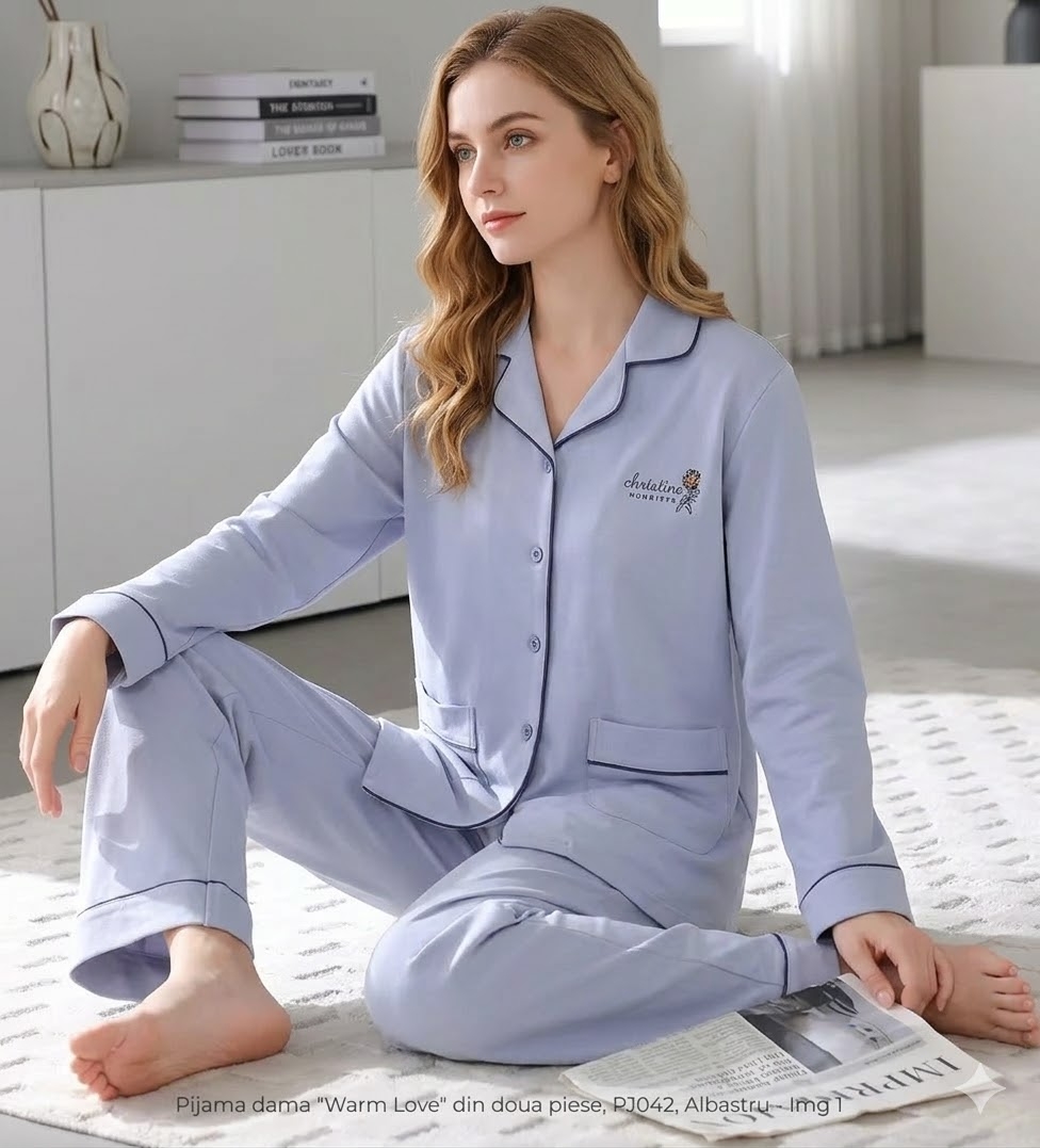 Pijama dama "Warm Love" din doua piese, PJ042, Albastru
