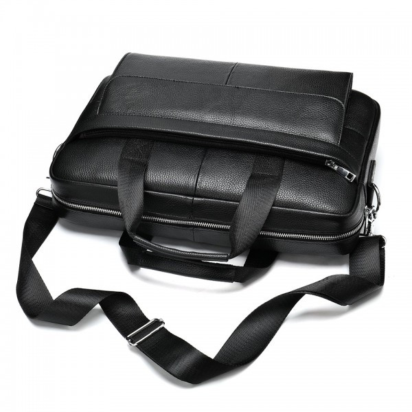 Servietă bărbați piele naturală, compartiment laptop, curea umăr, negru — imaginea 3