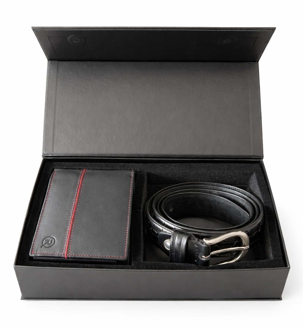 Set cadou pentru barbati, Portofel + Curea, piele naturala, model elegant, SET29, Negru