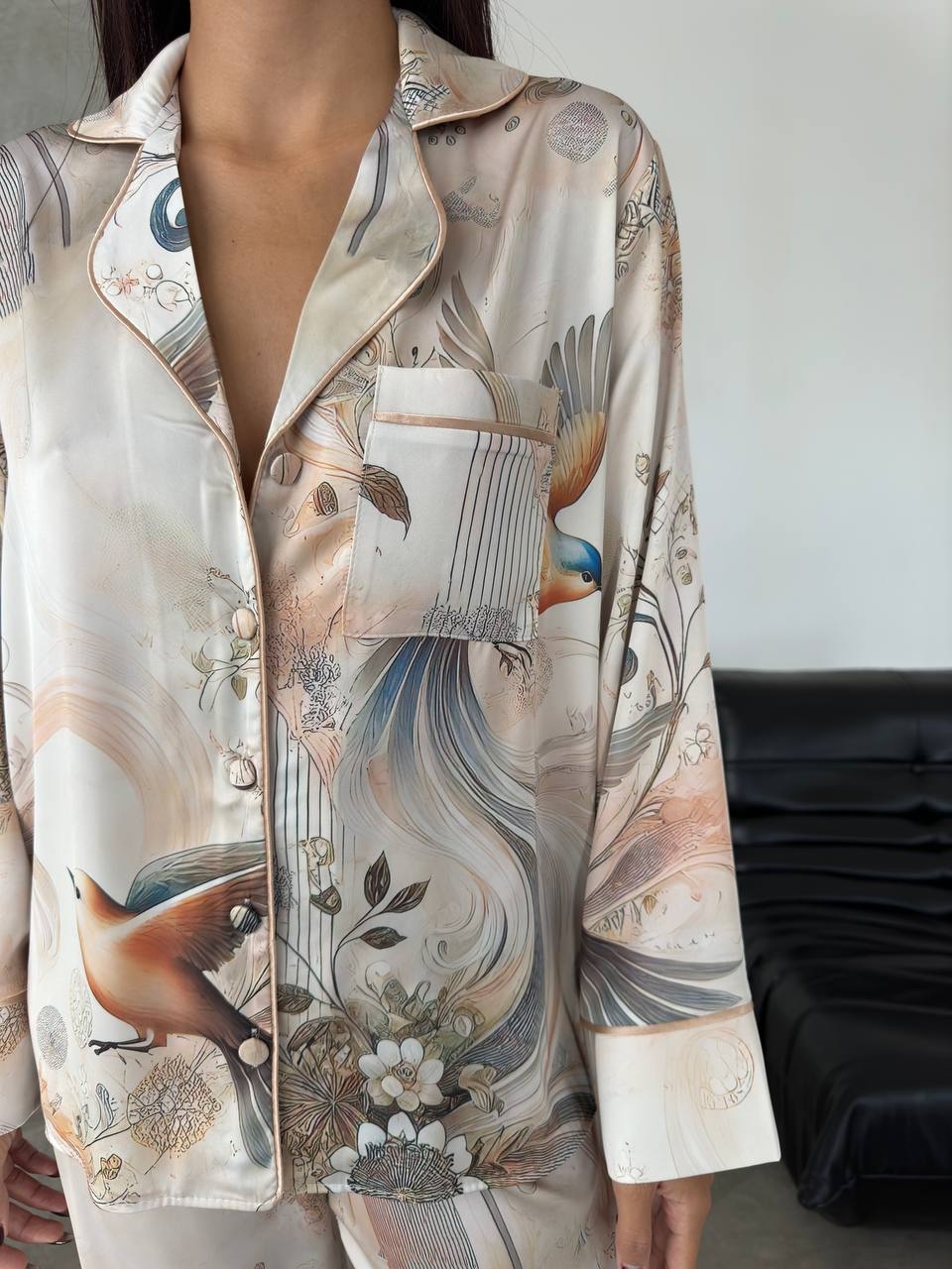 Set pijama dama din doua piese, cu nasturi – 2401756, Print pasari, Bej - imagine 2