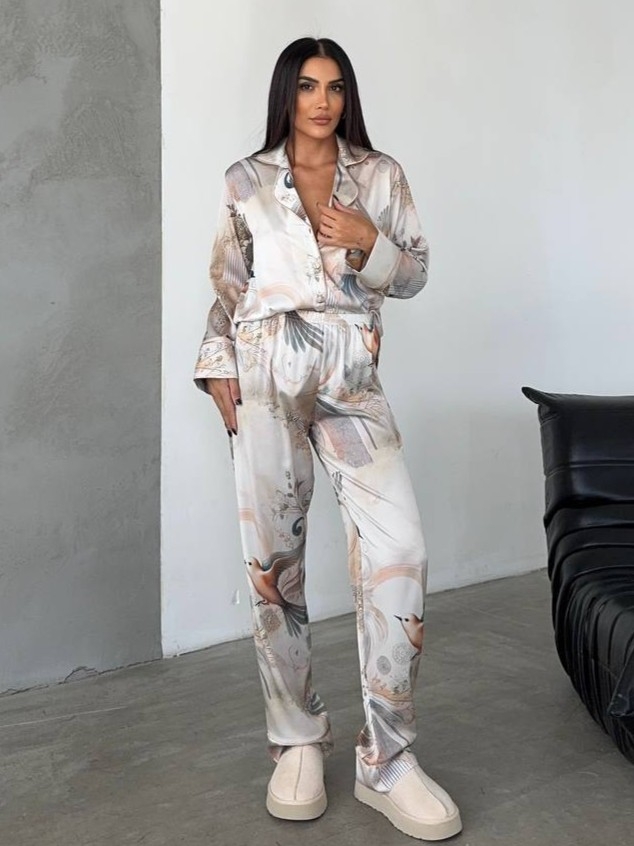 Set pijama dama din doua piese, cu nasturi – 2401756, Print pasari, Bej - imagine 6