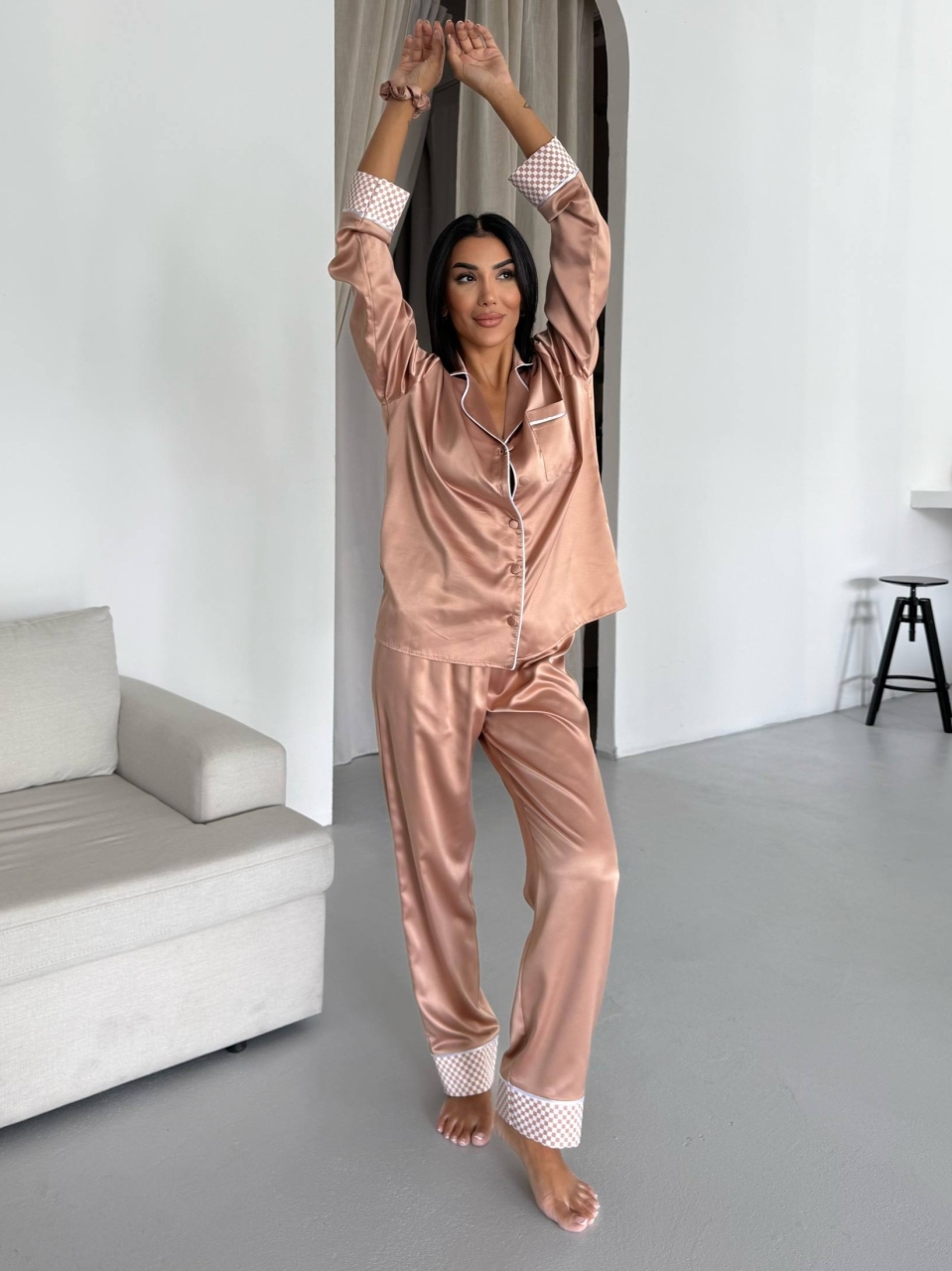 Set pijama dama din doua piese, cu nasturi – 2500258, Bej - imagine 2