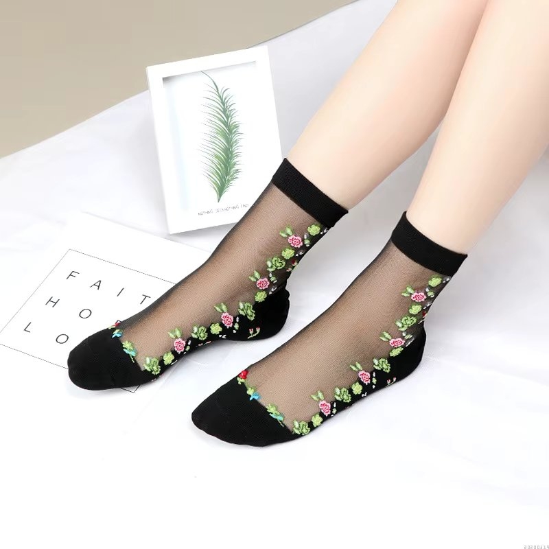 Sosete pentru dama, SS0153, model flori, Negru, marime universala