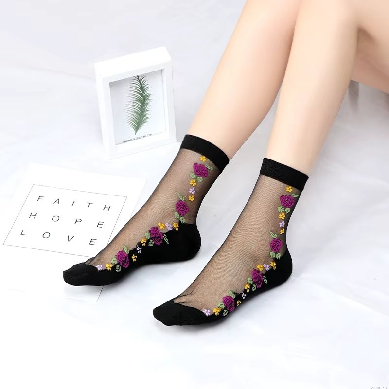 Sosete pentru dama, SS0158, model flori, Negru, marime universala