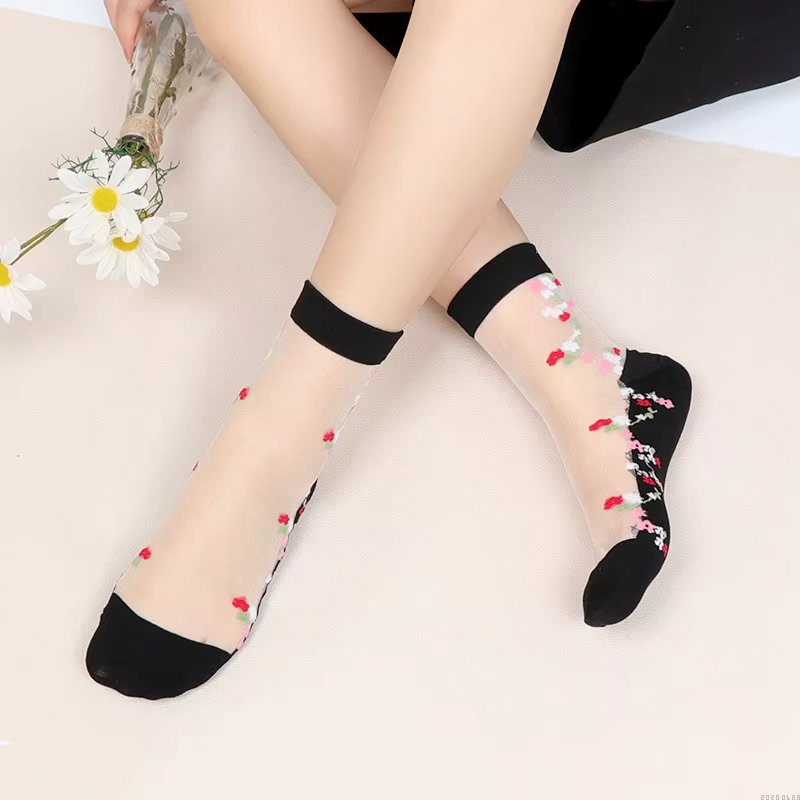 Sosete pentru dama, SS0168, model flori, Alb/Negru, marime universala