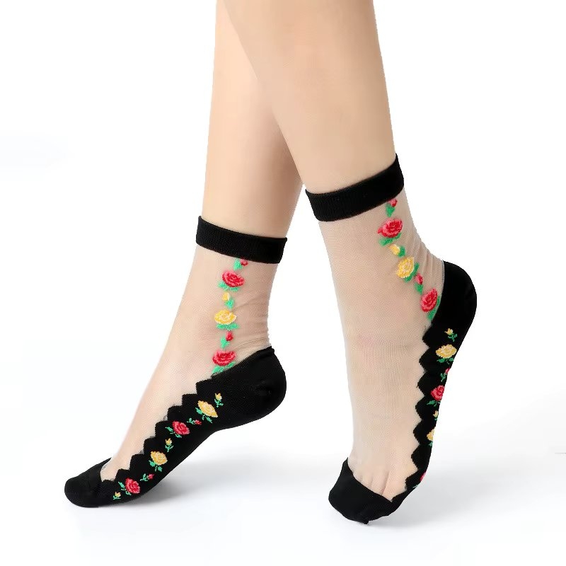Sosete pentru dama, SS0178, model flori, Alb/Negru, marime universala
