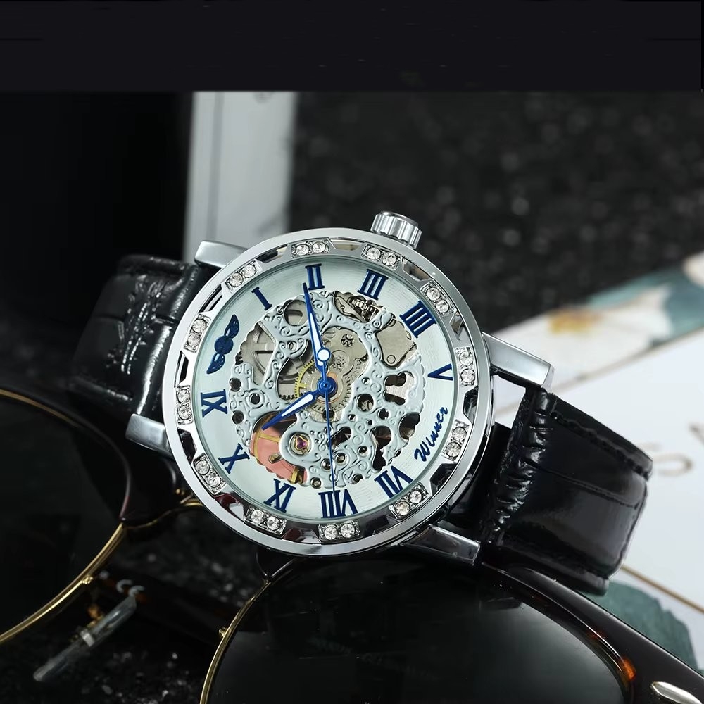 Ceas barbatesc Winner CS1746, automatic, piele naturala, negru, cadran alb