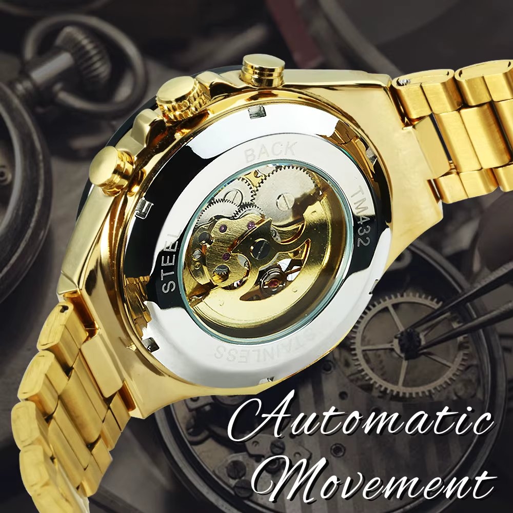 Ceas barbatesc Winner CS1754, automatic, otel inoxidabil, auriu, cadran negru-auriu