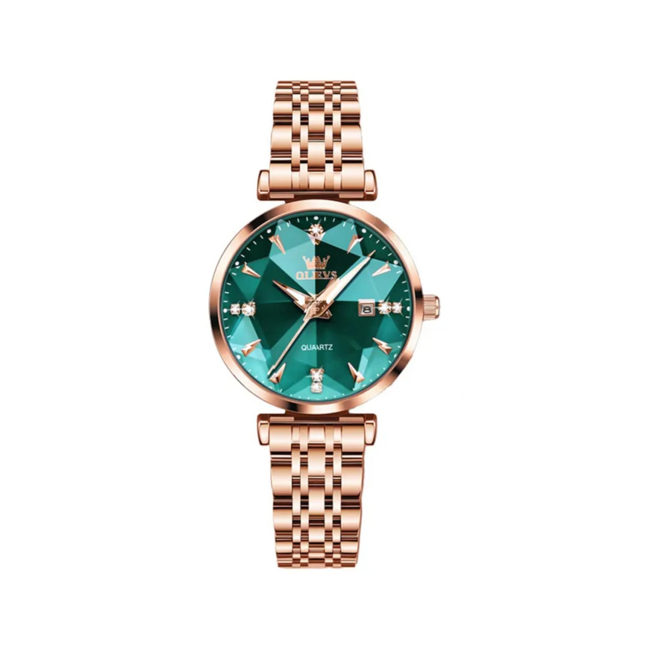 Ceas damă Olevs, oțel inoxidabil, cadran verde fațetat, rose gold CS1647