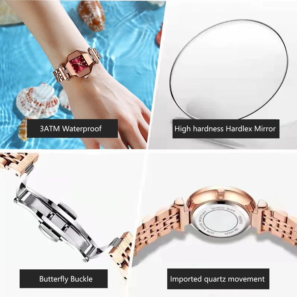Ceas dama Poedagar CS1506, otel inoxidabil, rose gold, cadran rosu - 1 | YEO