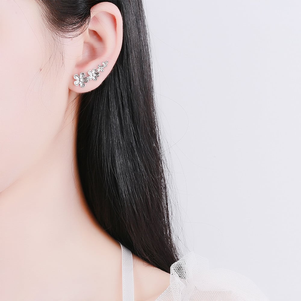 Cercei ear cuffs argint 925, JW682, model flori, placat cu rodiu - 1 | YEO