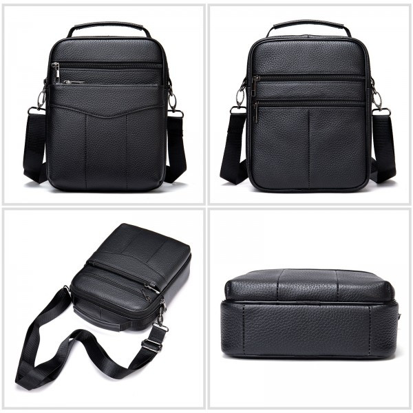 Geantă bărbați piele naturală, crossbody cu mâner și buzunar frontal, neagră — imaginea 4