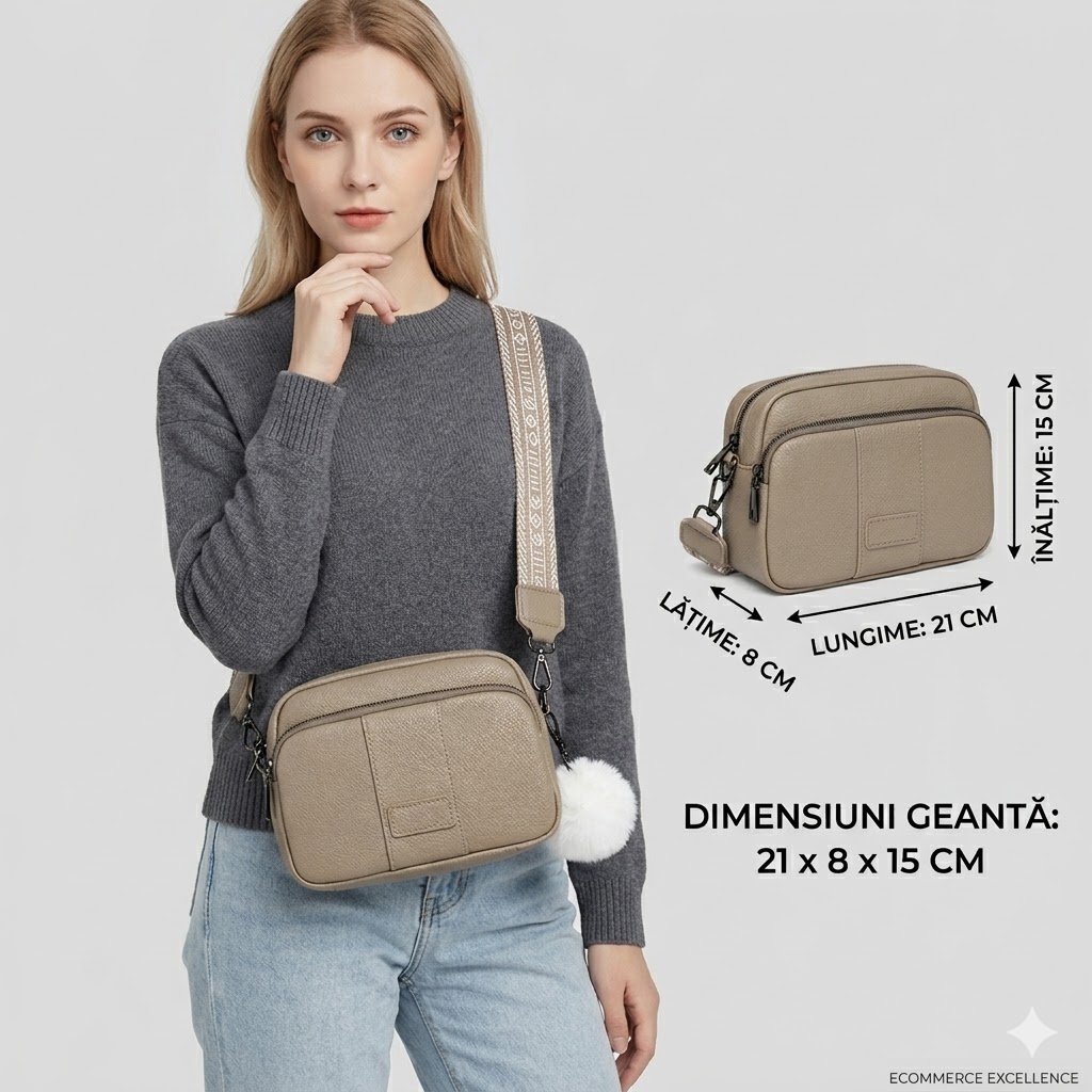 Geantă damă piele naturală, crossbody, breloc pompon, bej GT3348 — imaginea 2
