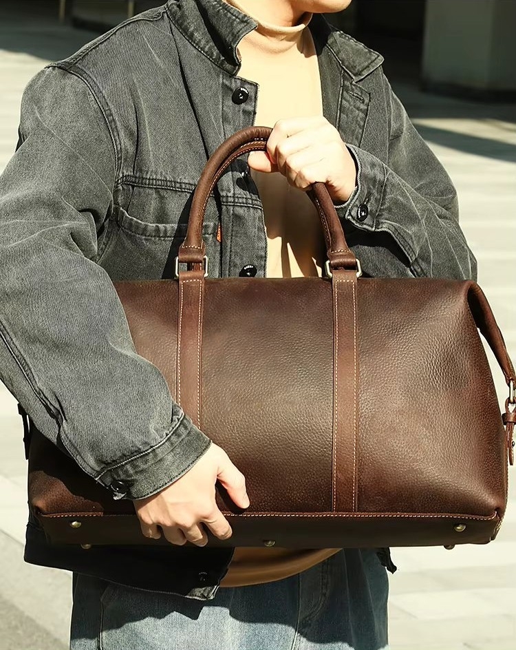 Geantă de călătorie unisex piele naturală, mânere duble și curea de umăr detașabilă, maro — imaginea 2