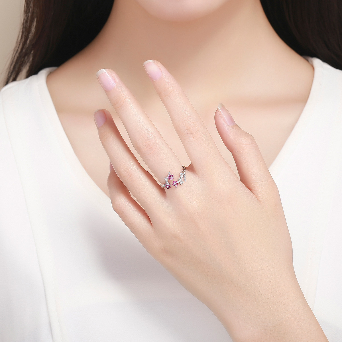 Inel reglabil argint 925, JW1848, model flori, placat cu rodiu