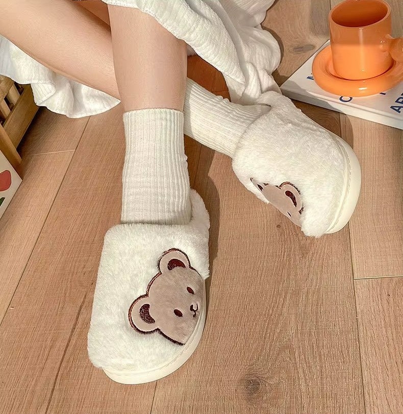 Papuci de casa pentru femei PC013, Fluffy Bears, Crem