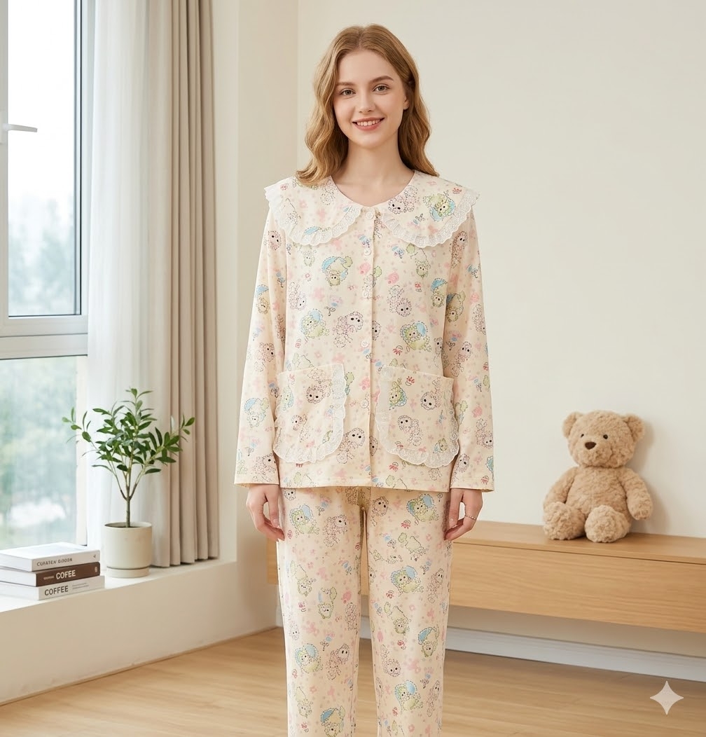 Pijama dama cu guler mare, din doua piese, PJ013, Bej