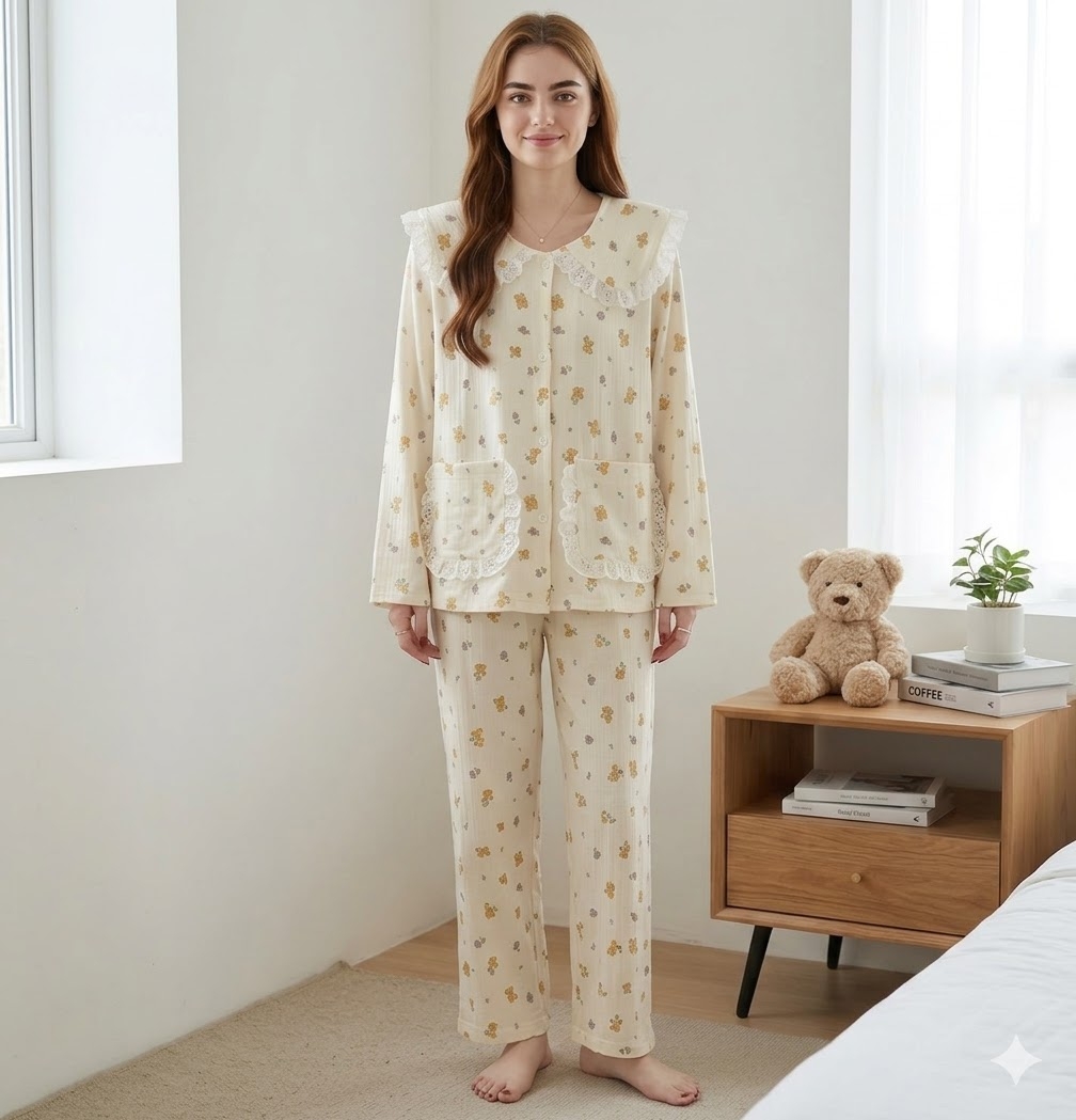 Pijama dama cu guler mare, din doua piese, PJ014, Bej